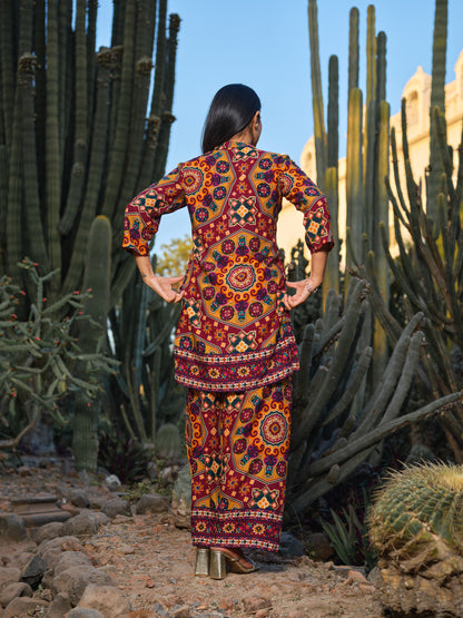 Printed Mandarin Collar Top & Palazzos Co-Ords