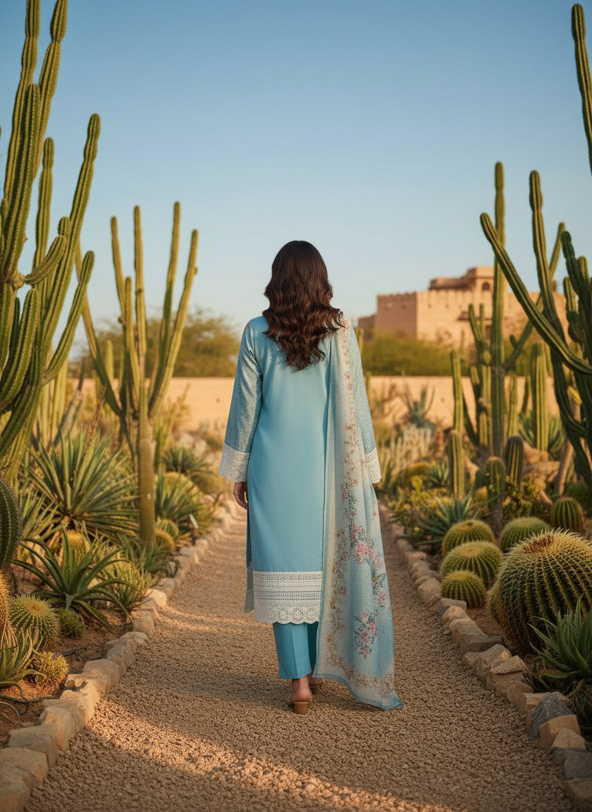 Printed Tissue V-Neck Kurta Trousers & Dupatta