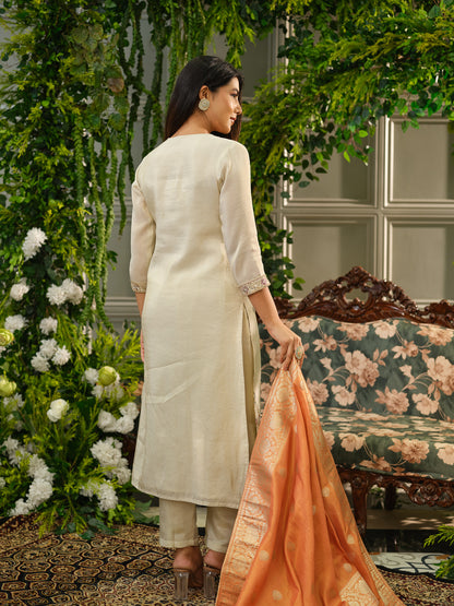 Off White Embroidered Kurta Set with Rust Orange Banarasi Dupatta