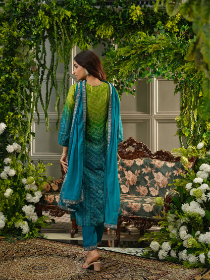 Teal Digital Print Kurta Set with Heavy Handwork