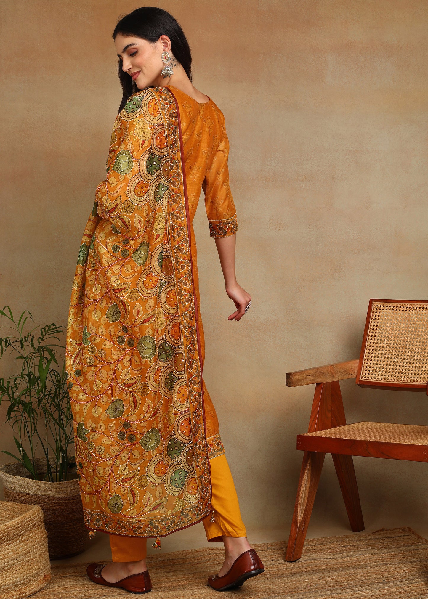 Women's Yellow Ethnic Motif Printed Kurta with Kantha & Sequin Work, Paired with Trousers and Dupatta