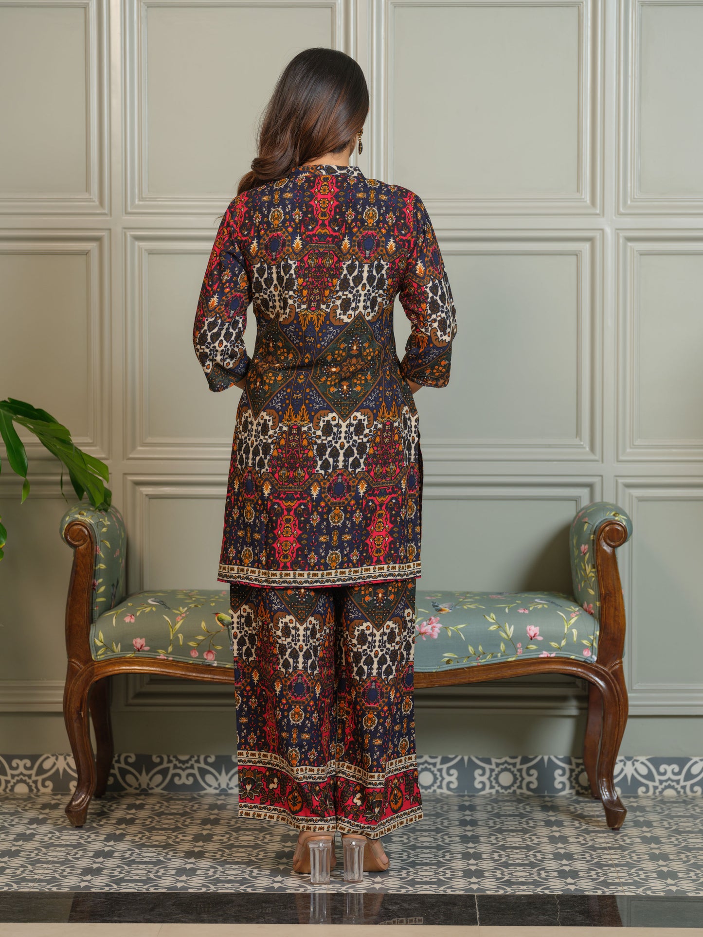Printed Mandarin Collar Neck Top With Palazzos Co-Ords