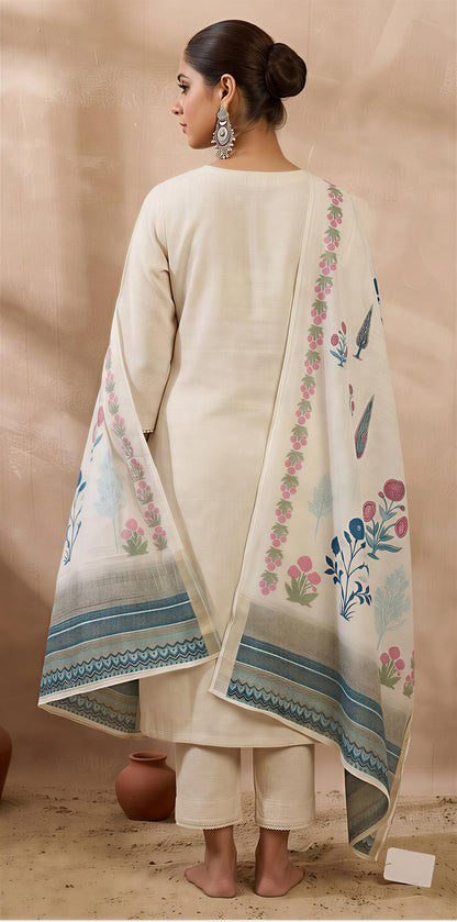 Off-White Embroidered Kurta Set with Trousers and Printed Dupatta for Women