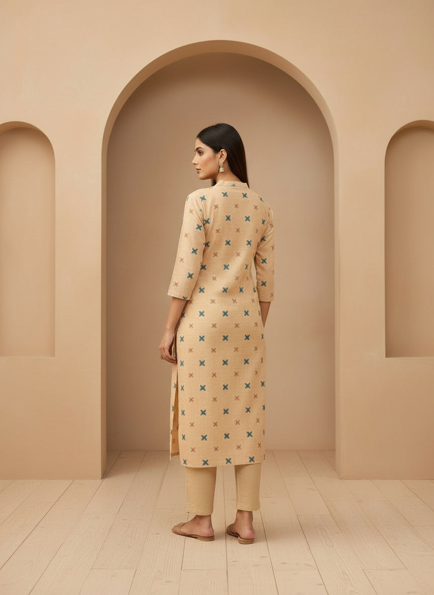Printed Silk Blend Mandarin Collar Kurta & Trousers With Dupatta