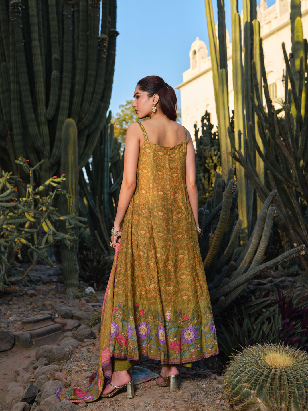 Women Floral Printed Tiered Mirror Work Kurta with Trousers & With Dupatta
