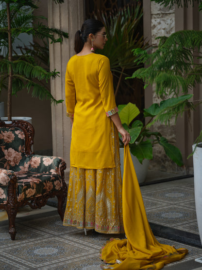 Embroidered Straight Kurta & Sharara With Dupatta