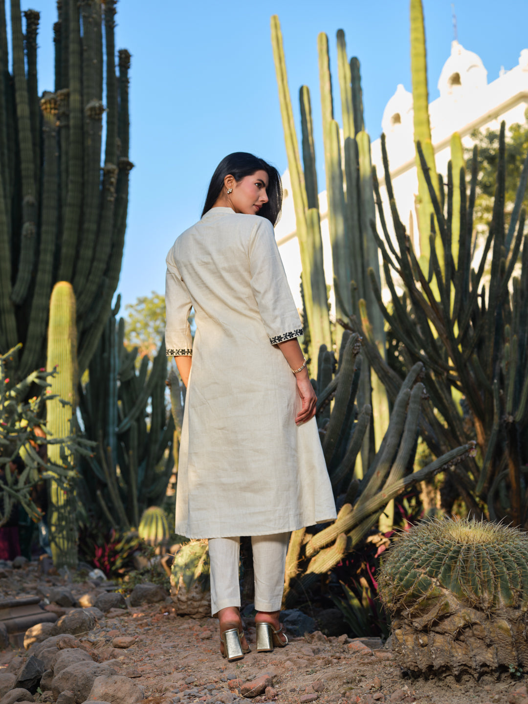 Embroidered Pure Cotton Mandarin Collar A-Line Kurta & Trousers