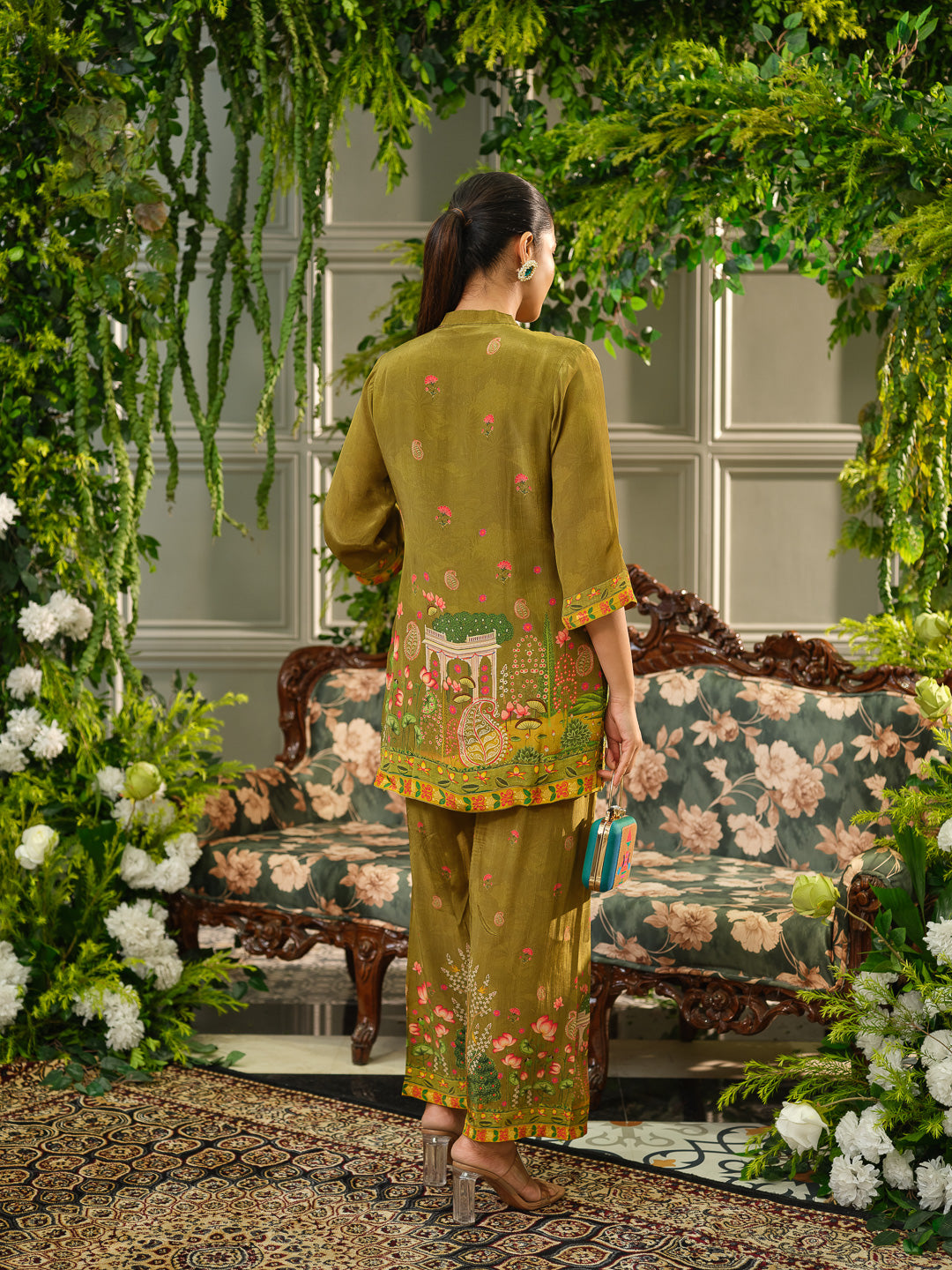 Olive Green Digital Print Co-ord Set with Handwork
