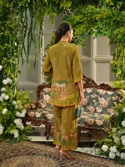 Olive Green Digital Print Co-ord Set with Handwork
