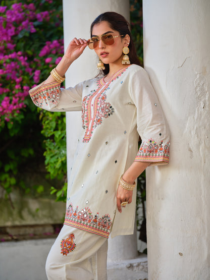 Embroidered Round Neck Top & Trousers Co-Ords Set
