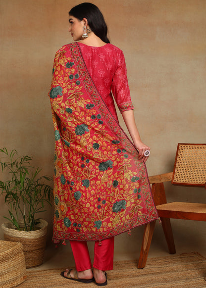 Women's Pink Ethnic Motif Printed Kurta with Kantha & Sequin Work, Paired with Trousers and Dupatta