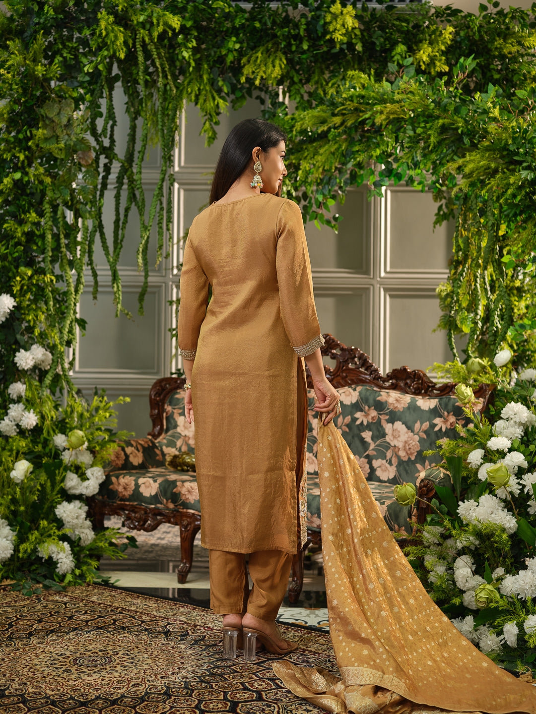 Mustard Viscose Tissue Kurta Set with Jacquard Dupatta & Hand Embroidery