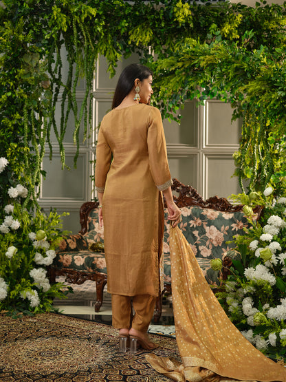 Mustard Viscose Tissue Kurta Set with Jacquard Dupatta & Hand Embroidery