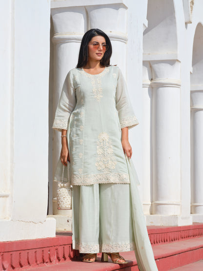 Women Pistachio Green Embroidered Mul Chanderi Kurta Sharara Set with Dupatta