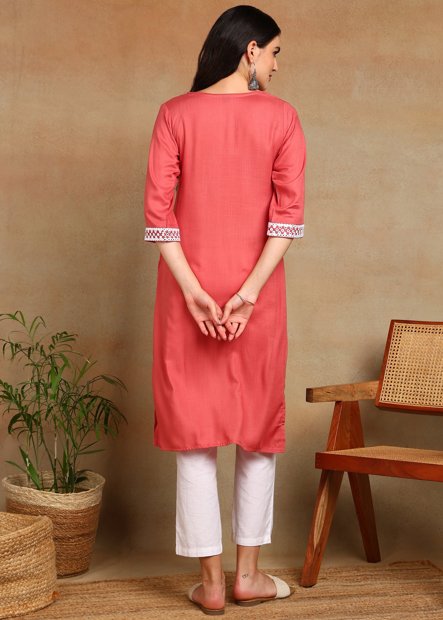 Peach Rayon Slub Kurti with White Embroidered Lace Detailing