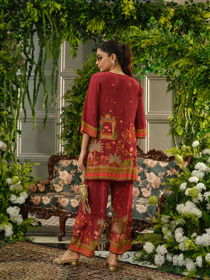 Maroon Digital Print Co-ord Set with Heavy Handwork