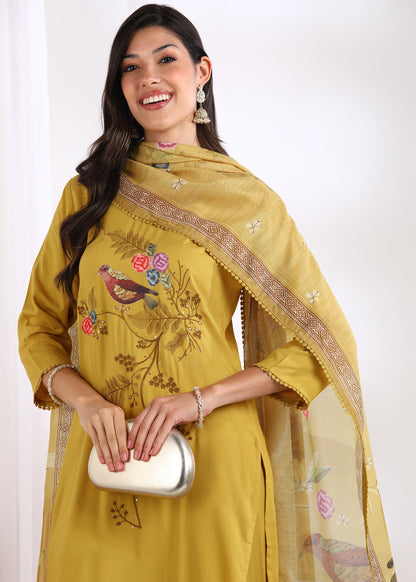 Women Mustard Rayon Embroidered Kurta Set with Digital Print Muslin Dupatta