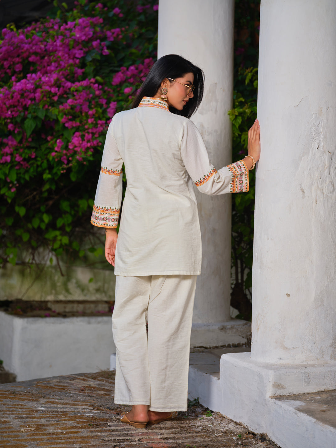 Embroidered Shirt Collar Top & Trousers Co-Ords Set