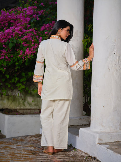 Embroidered Shirt Collar Top & Trousers Co-Ords Set