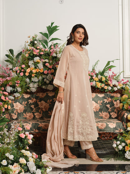 Beige Embroidered Anarkali Kurta Set with Matching Trousers and Embroidered Dupatta in Chanderi Silk Fabric