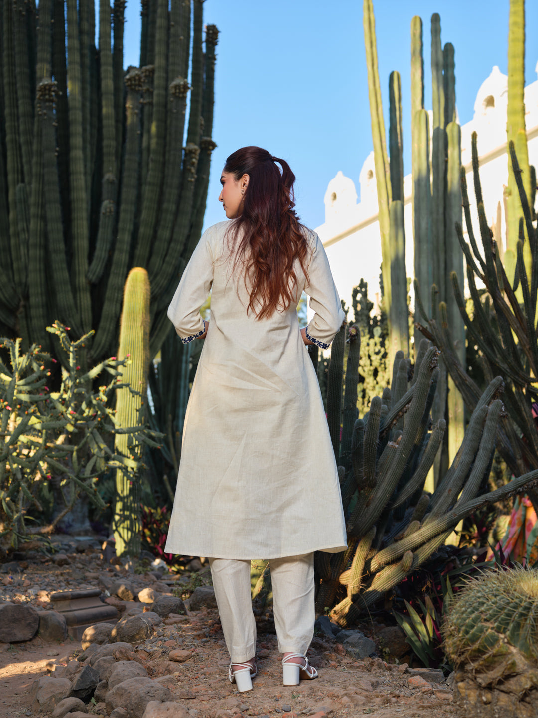 Embroidered Pure Cotton Mandarin Collar A-Line Kurta & Trousers