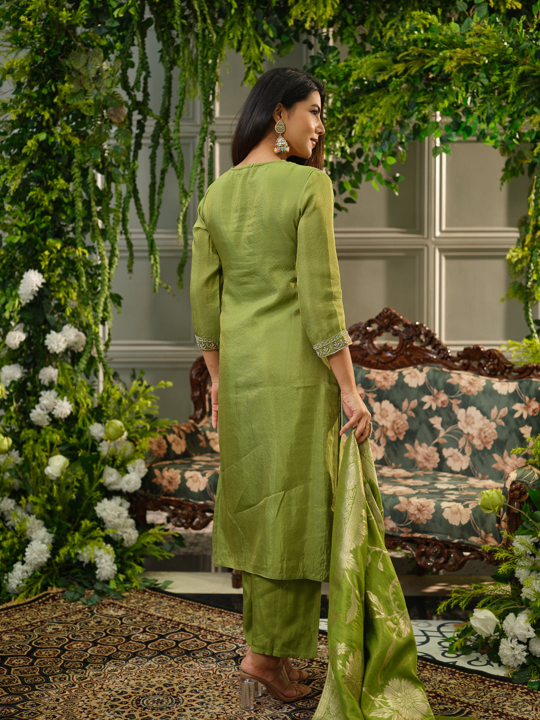 Mehndi Green Viscose Tissue Kurta Set with Jacquard Dupatta