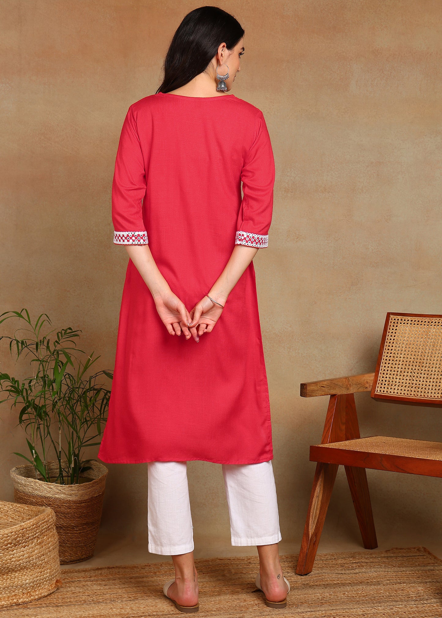 Red Rayon Slub Kurti with White Embroidered Lace Detailing