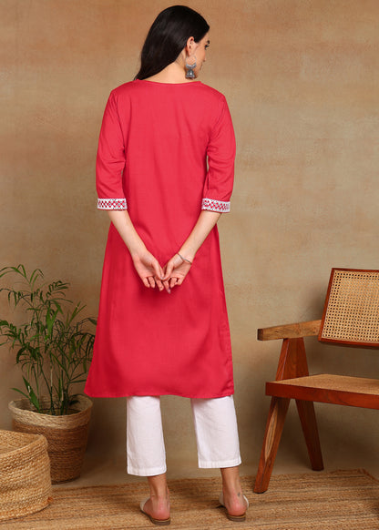 Red Rayon Slub Kurti with White Embroidered Lace Detailing
