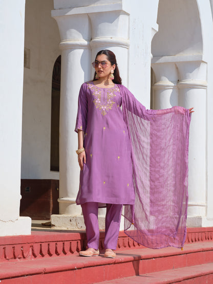 Embroidered Round Neck Straight Kurta & Trousers With Dupatta