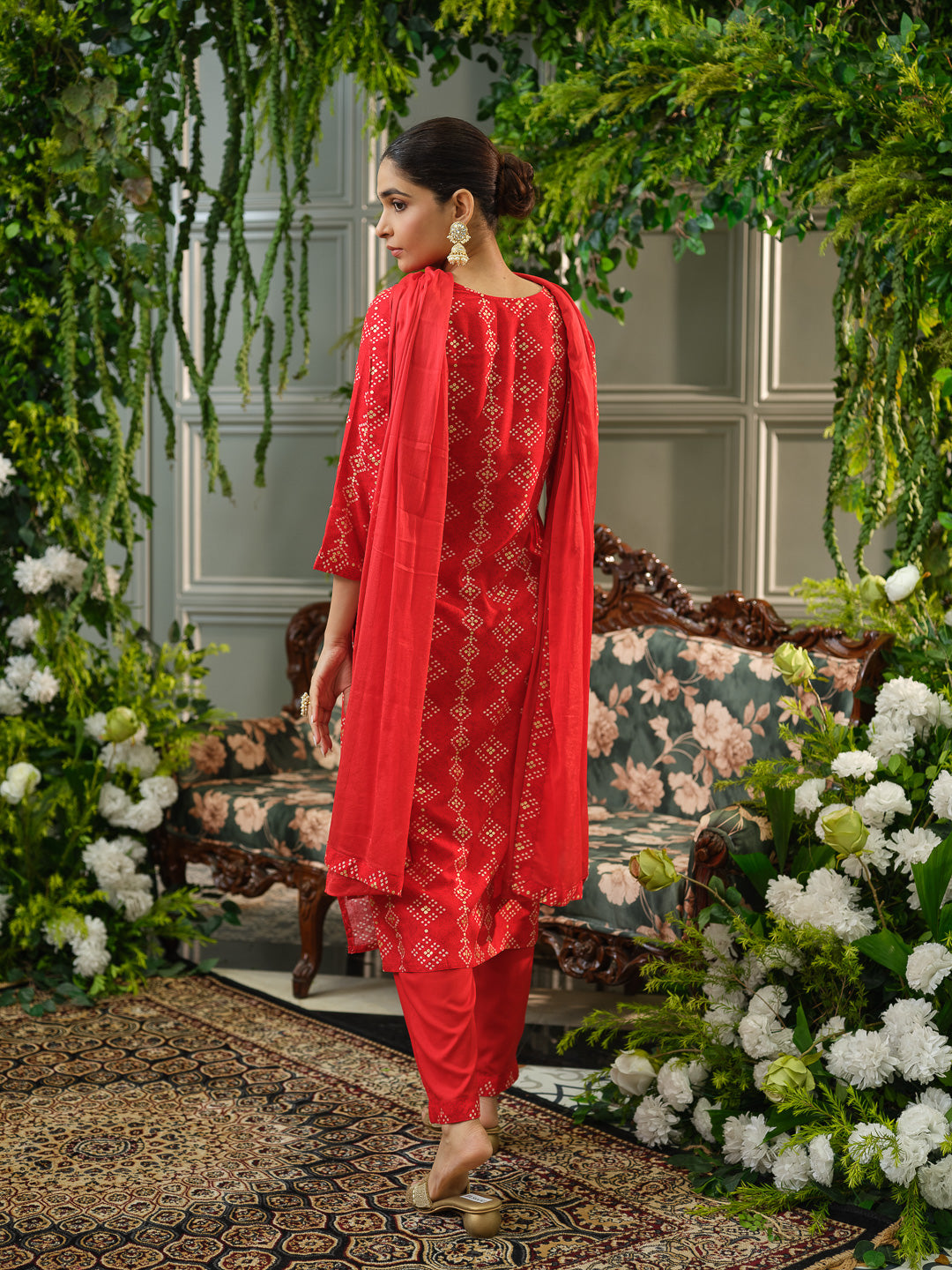 Red Embroidered Kurta Set with Matching Pants & Dupatta