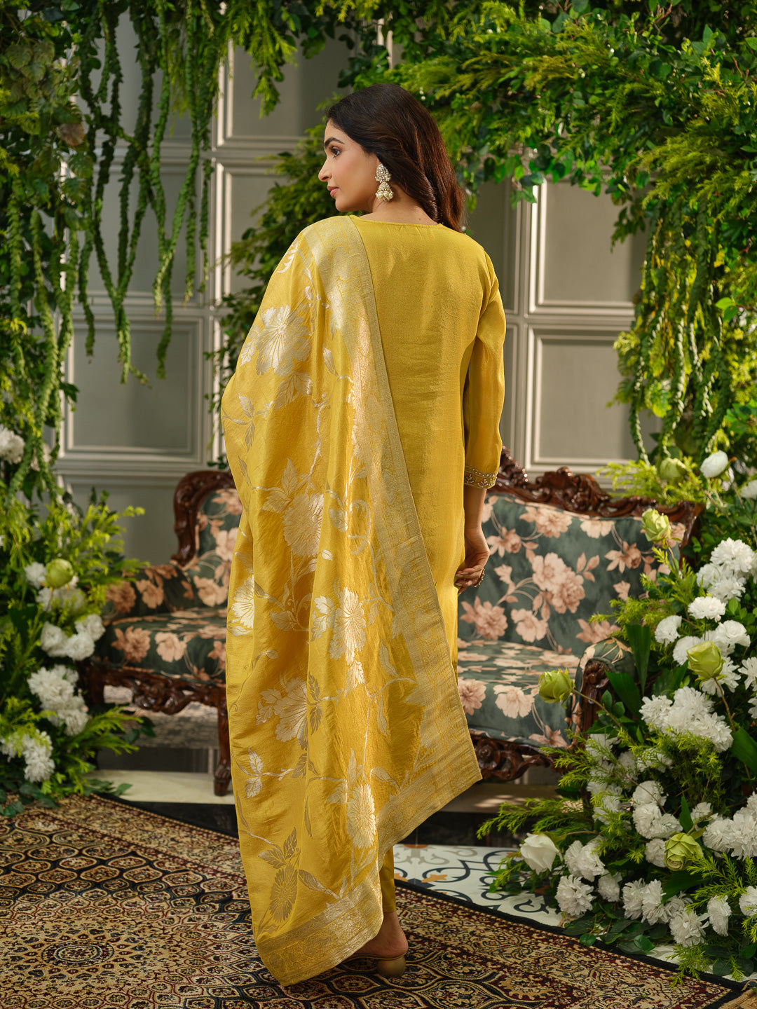 Yellow Viscose Tissue Kurta Set with Jacquard Dupatta