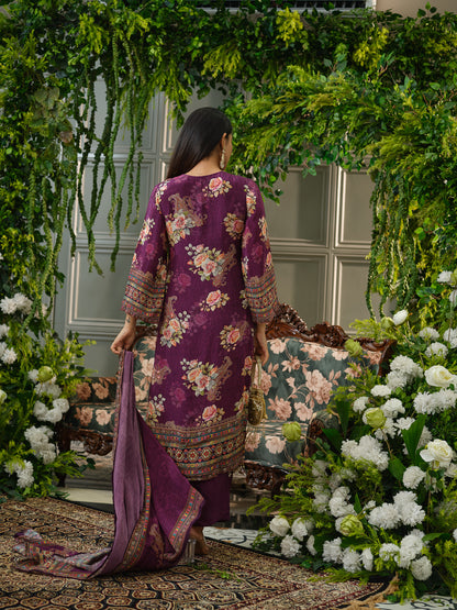 Wine & Purple Crepe Silk Floral Printed Kurta Set with Dupatta