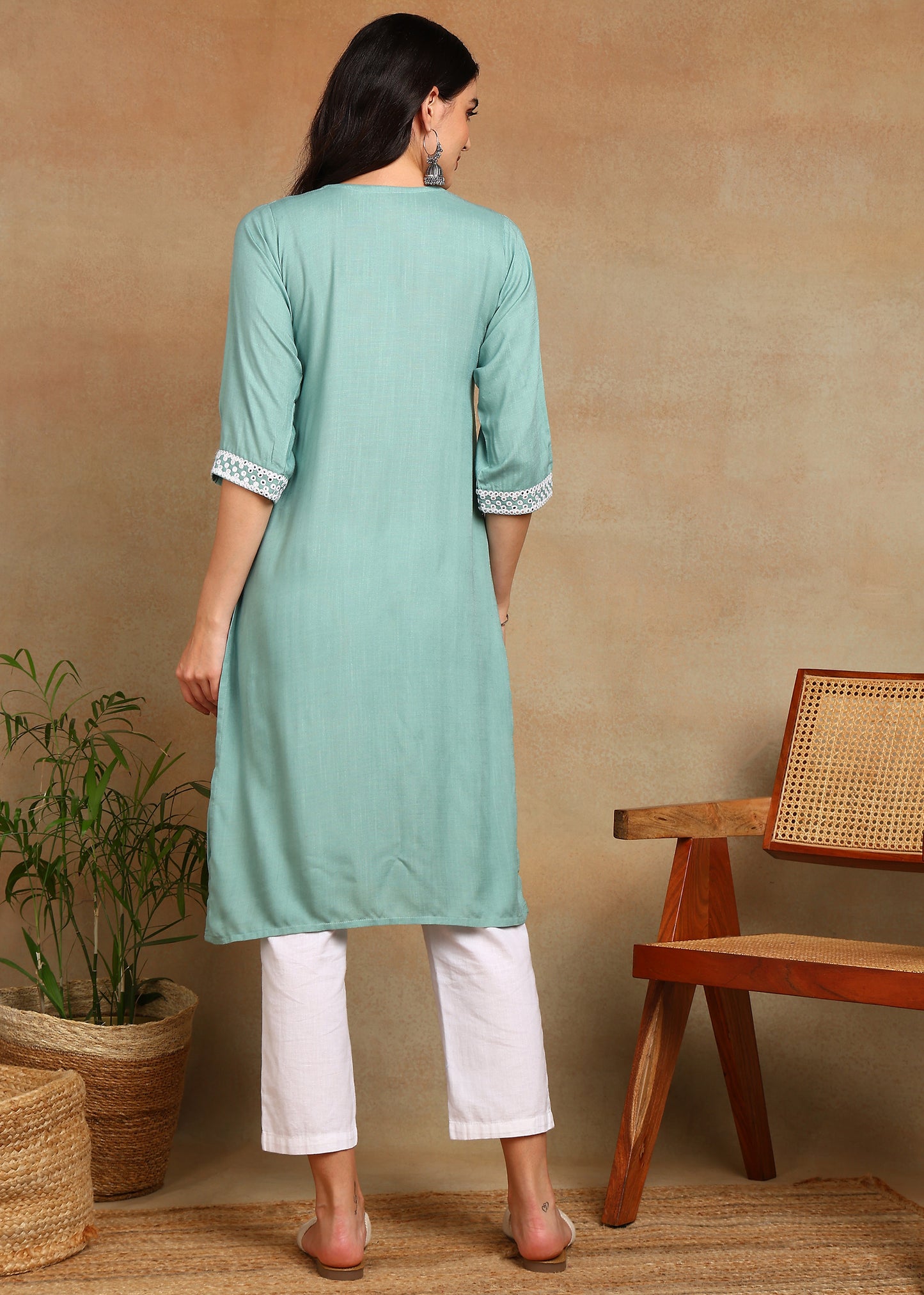 Sky-BlueRayon Slub Kurti with White Embroidered Lace Detailing