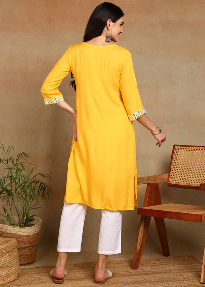Yellow Rayon Slub Kurti with White Embroidered Lace Detailing