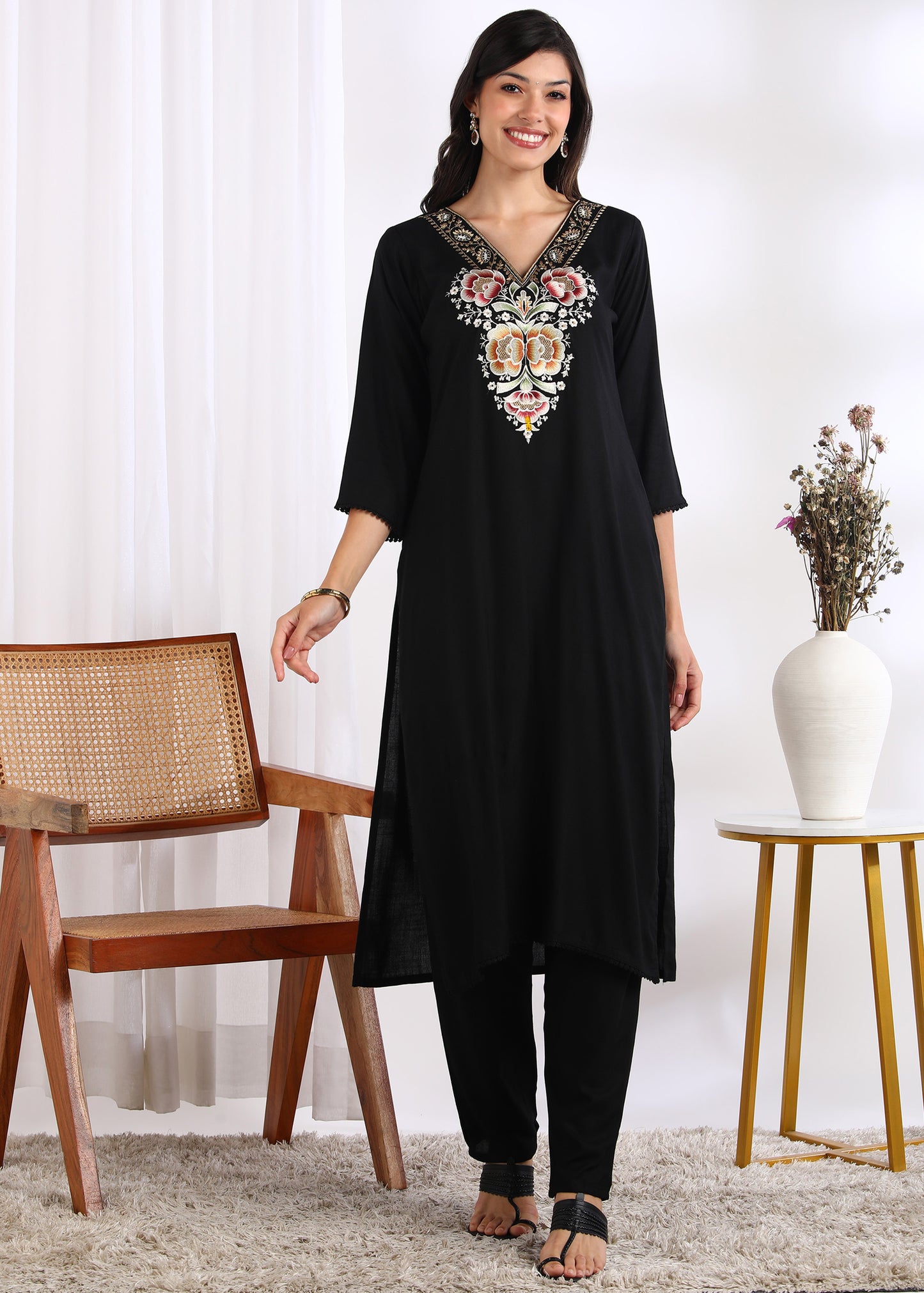 Women Black Rayon Embroidered Kurta Set with Printed Cotton Dupatta