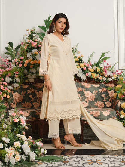 Embroidered Off-White V-Neck Kurta Set with Trousers & Dupatta