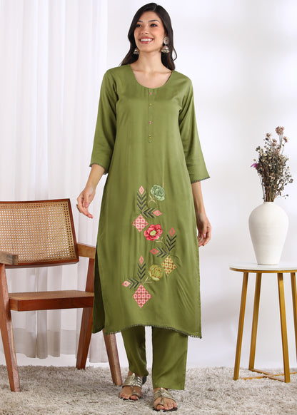 Women Pista Green Rayon Embroidered Kurta Set with Mirror Work & Printed Cotton Dupatta