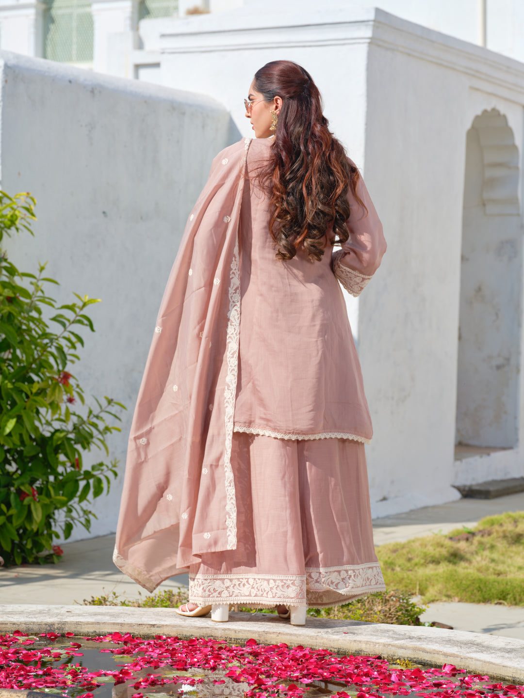 Women Peach Embroidered Mul Chanderi Kurta Sharara Set with Dupatta