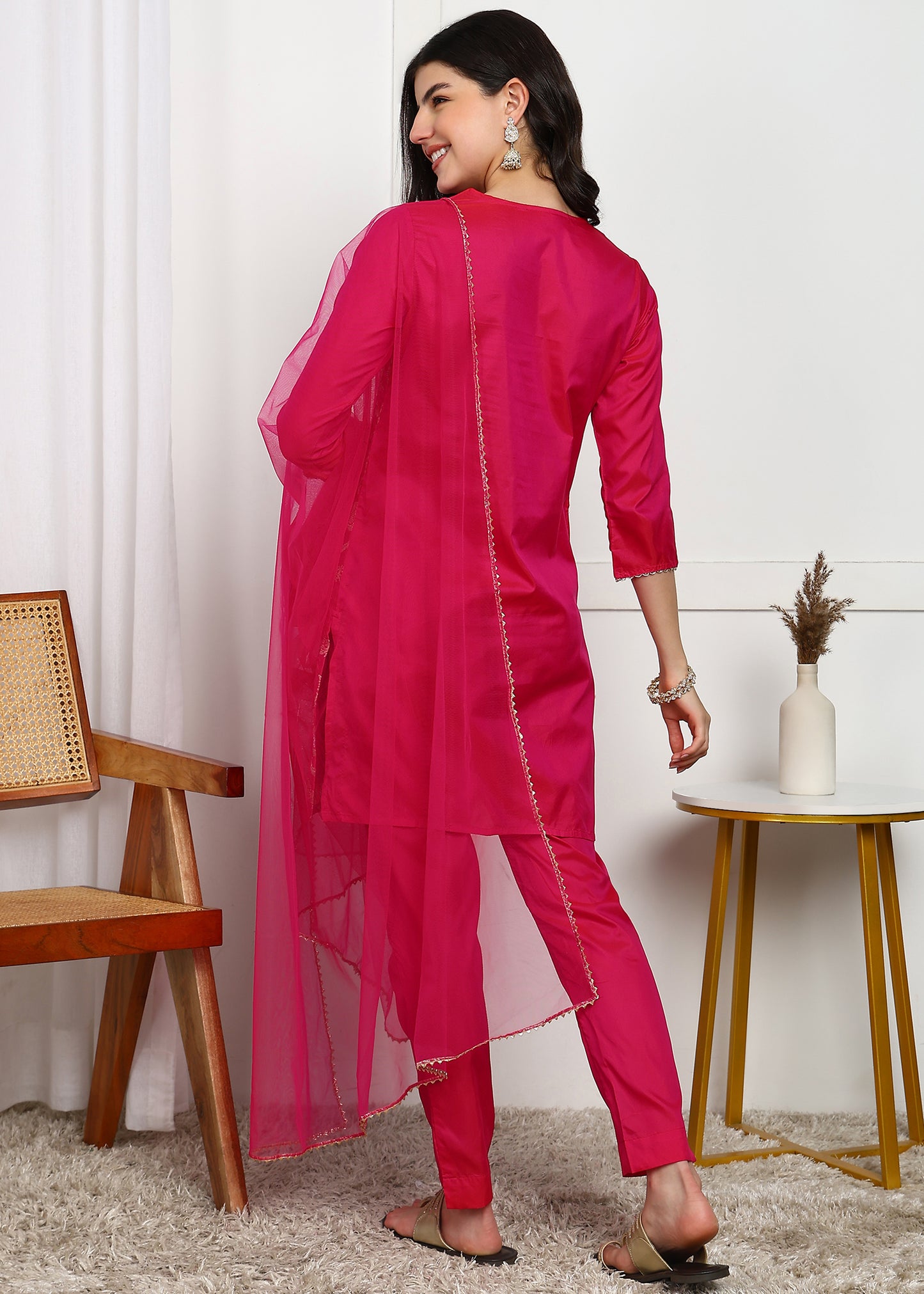 Elegant Pink Embroidered Straight Kurta Set with Dupatta
