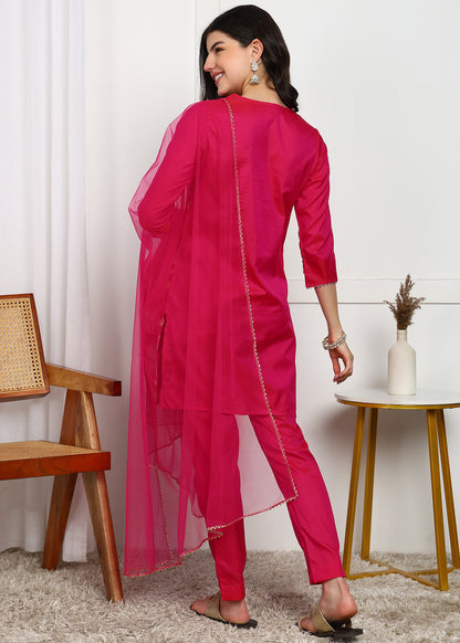 Elegant Pink Embroidered Straight Kurta Set with Dupatta