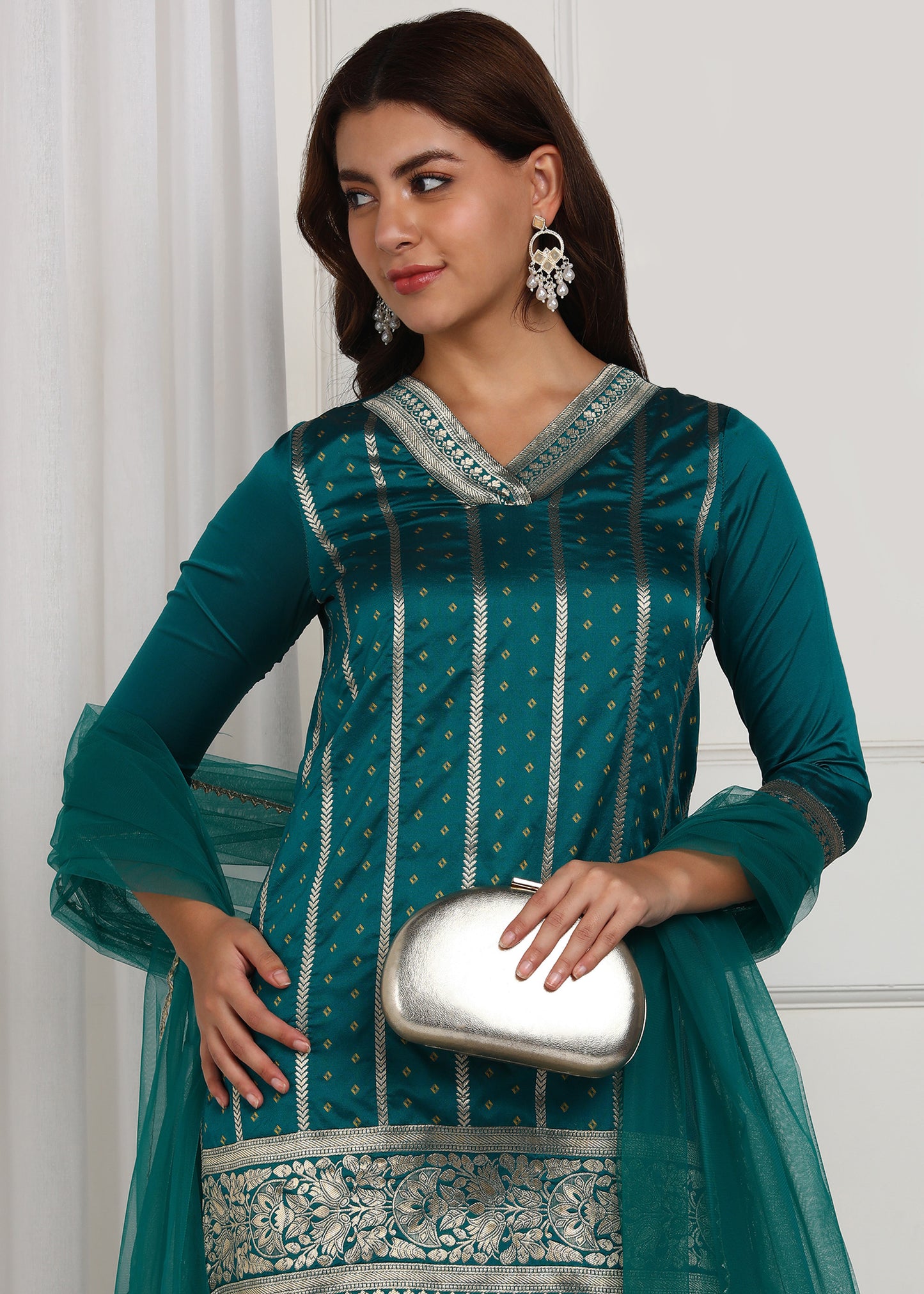Teal Blue Embroidered Kurta Set with Dupatta