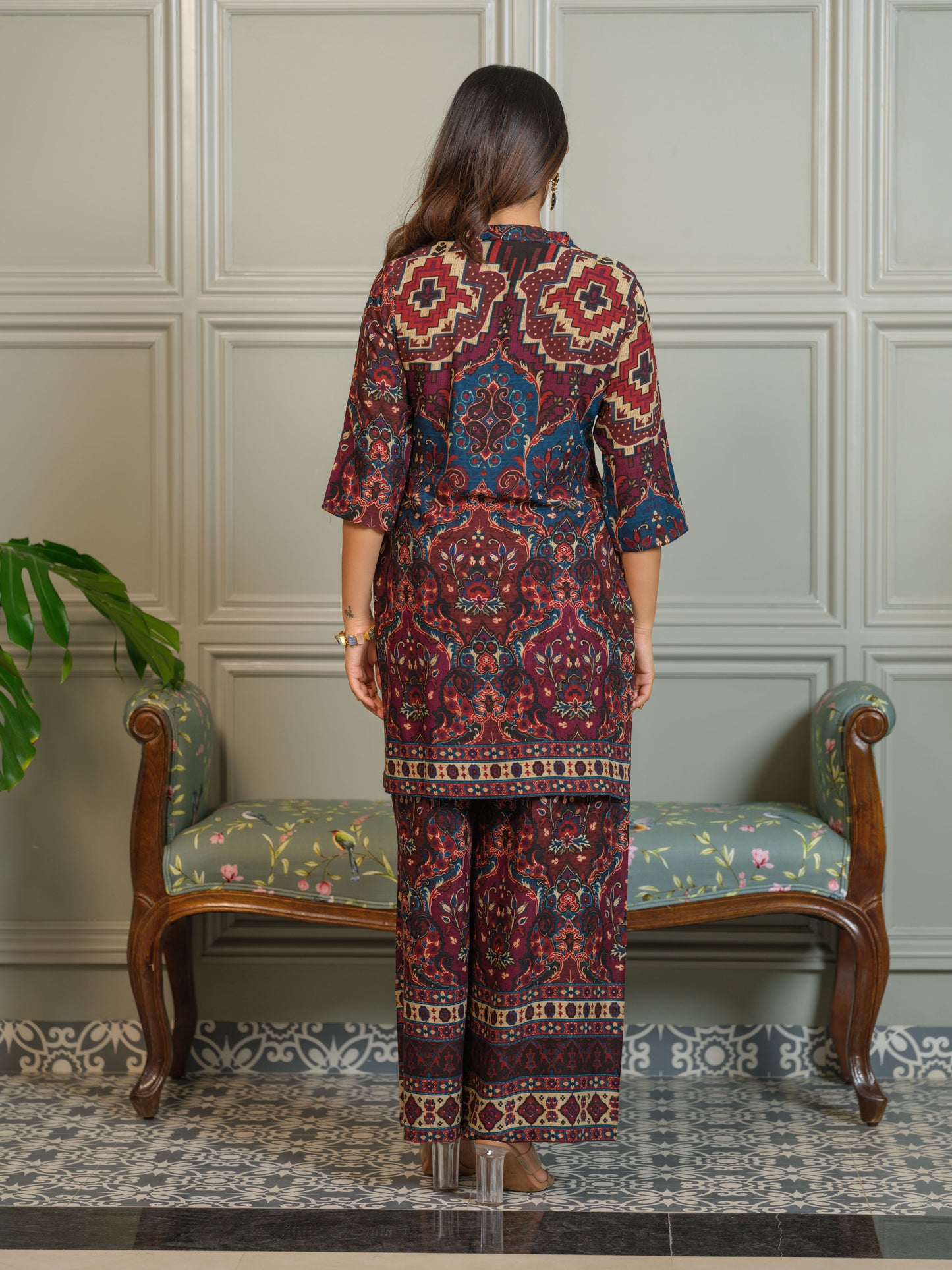 Ajrak Printed Mandarin Collar Neck Top With Trousers Co-Ords