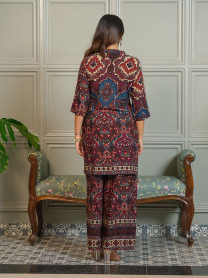 Ajrak Printed Mandarin Collar Neck Top With Trousers Co-Ords