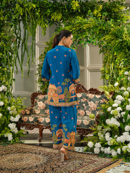 Royal Blue Digital Print Co-ord Set with Handwork