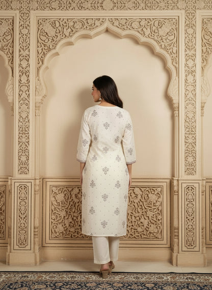 Printed Cotton V-Neck Calf Length Straight Kurta