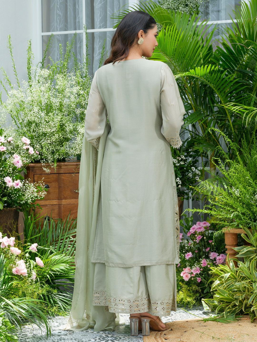 Embroidered Mirror and Cut Work Pakistani Kurta with Trouser and Dupatta Set