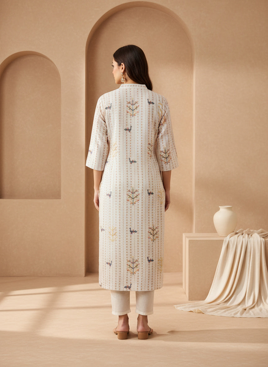 Printed Mandarin Collar Kurta & Trousers With Dupatta