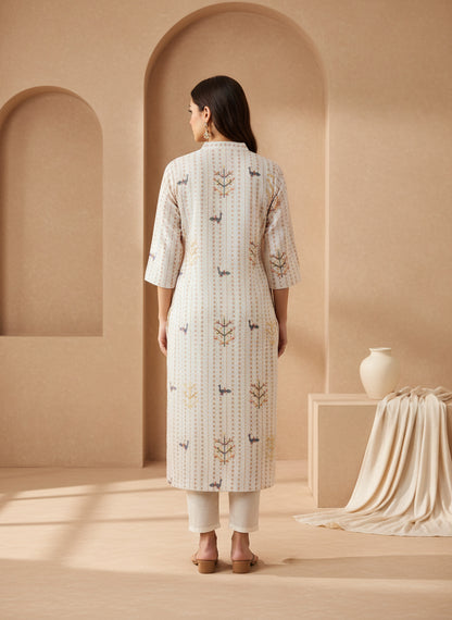 Printed Mandarin Collar Kurta & Trousers With Dupatta