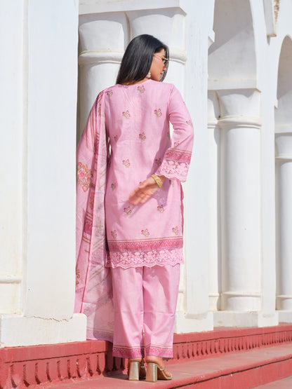 Powder Pink Linen Straight Kurta Set with Pearl Embellished Neckline