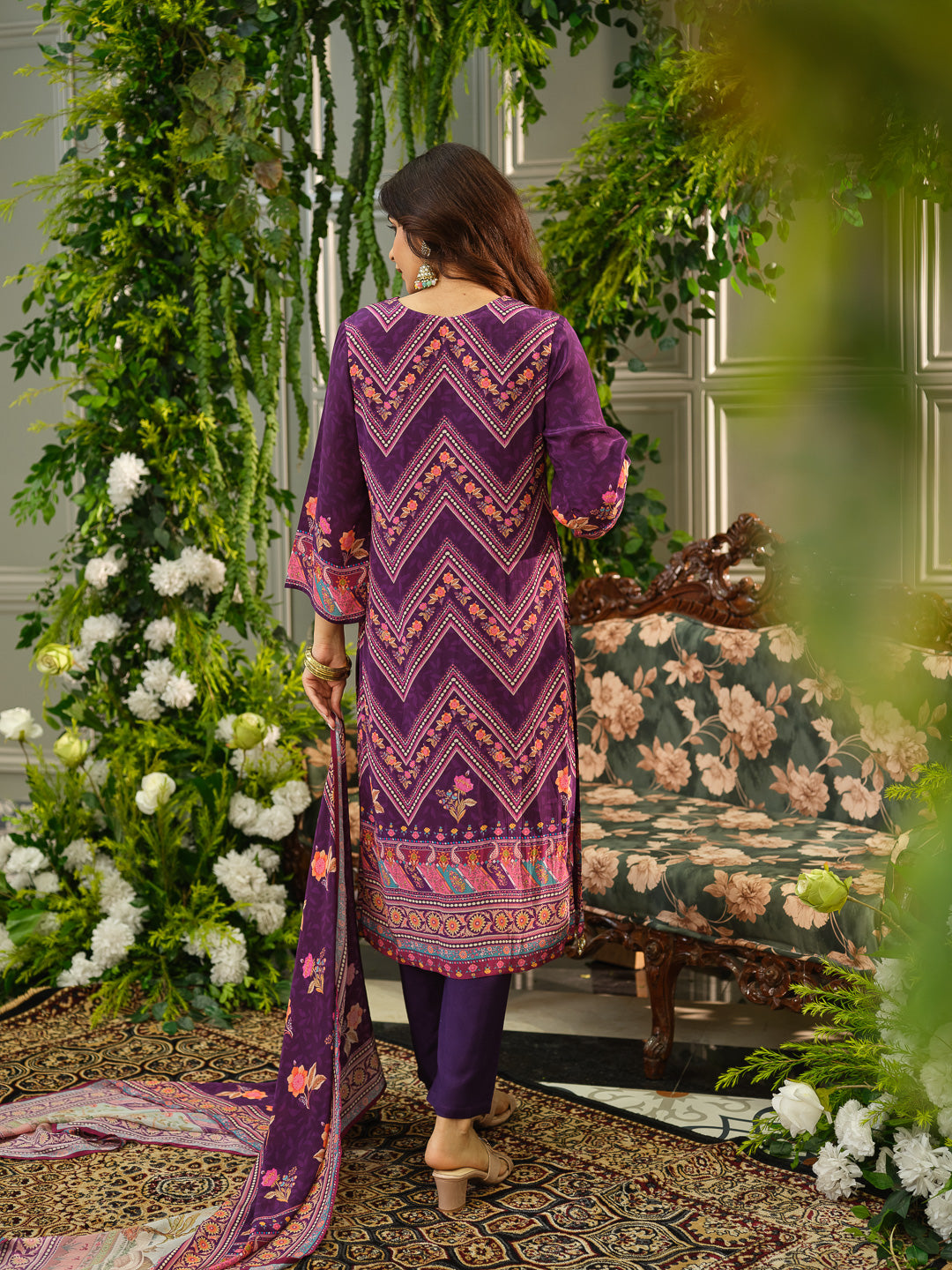 Wine & Purple Digital Print Kurta Set with Heavy Handwork